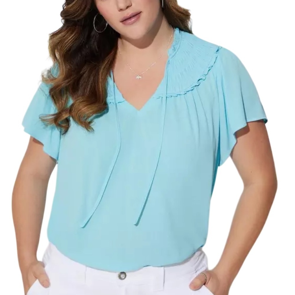 Torrid Washable Gauze Smocked Yoke Ruffled Short Sleeve Blouse Top 1X Blue Topaz